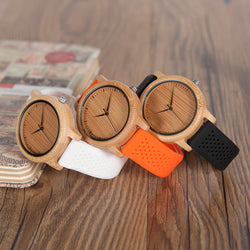 BestBuySale Wooden Watch Women's Bamboo Watches With Colorful Silicone Straps - Black,Orange,Black 