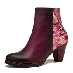 BestBuySale Boots Elegant Women's Retro Printed Floral Pattern High Heel Leather Ankle Boots 
