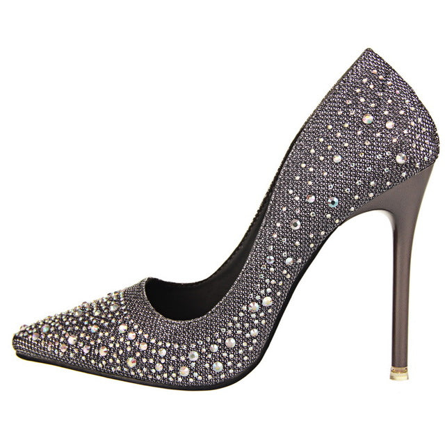 Rhinestone Women Pumps Shoes Closed Toe Heels Black Gray 