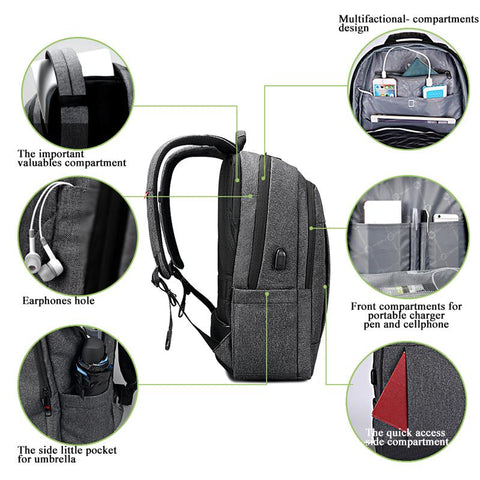 Anti-Theft With USB Charging Backpack For 15.6inch Laptop - Black grey