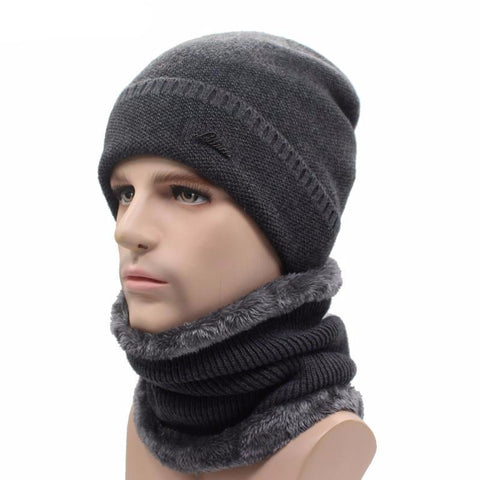 Men's Winter Knitted Beanie + Collar Scarf - Black,Gray,Navy,Red