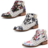 BestBuySale Boots Women's Fashion White Retro Bohemian Printed Genuine Leather Square Heel Ankle Boots 