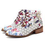 BestBuySale Boots Women's Fashion White Retro Bohemian Printed Genuine Leather Square Heel Ankle Boots 