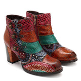 BestBuySale Boots Women's Western High Heels Vintage Printed Leather Ankle Boots 