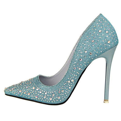 Big Size Crystal Thin High Heels Spring Women Rhinestone Diamond Pumps Blue  Banquet Round Toe Solid Color Wedding Shoes D0001 - AliExpress