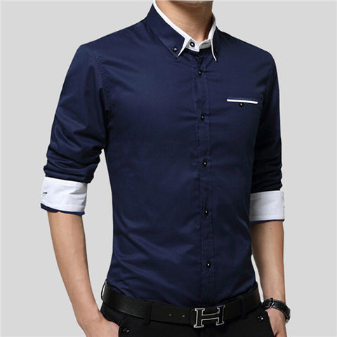 Brand Men Shirts Long Sleeve Turn-down Collar 100% Cotton