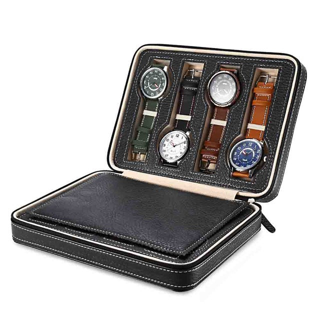 8 Slots PU Leather Watch Storage Box & Organizer - Black/Brown