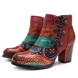BestBuySale Boots Women's Western High Heels Vintage Printed Leather Ankle Boots 