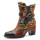 BestBuySale Boots Women's Retro Printed Cowgirl Ankle Boots - Brown,Wine Red 