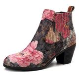BestBuySale Boots Women's Floral Printed Design Fashion Velvet Square Heel Ankle Boots 