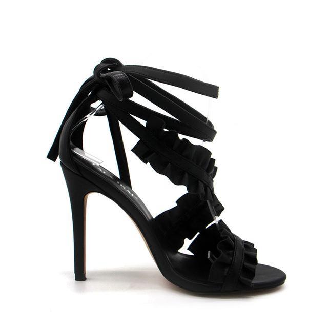 Women's Lace Up Ankle Strap Ruffle High Heels - White, Black